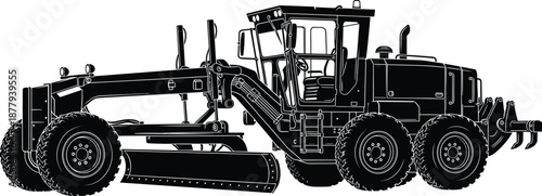 Silhouette vector illustration of motor grader construction vehicle with blade, cabin, tires, hydraulic arms, heavy equipment for roadwork