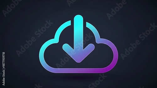 Neon cloud download icon on dark technology background