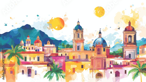 Mexico City Historic Centre. Mexico City Historic Centre hand drawn watercolor illustration