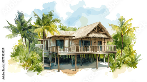 Rewa Eco Lodge. Rewa Eco Lodge hand drawn watercolor illustration