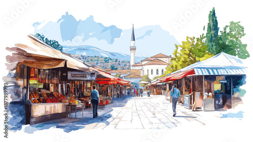 Sarajevo Old Bazaar. Sarajevo Old Bazaar watercolor vector illustration