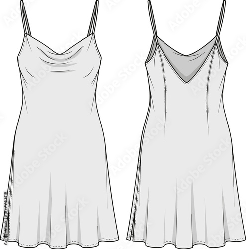 Technical fashion illustration, spaghetti strap dress, sleeveless garment, draped neckline, V-back detail, vector sketch, garment blueprint, apparel design silhouette