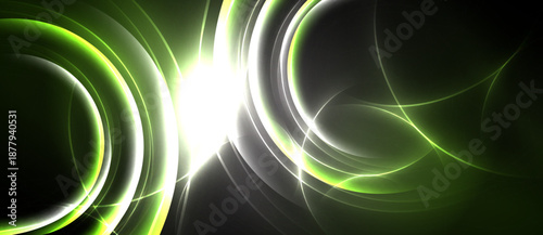 Abstract design features glowing curves, bright center, dark background. Dynamic composition creates futuristic feel.