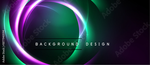 Abstract neon circles overlap dark background. Vibrant purple, green hues create dynamic visual effect. Text reads background design.