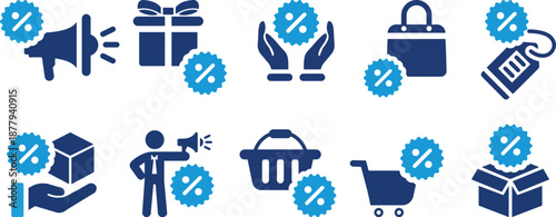 Sale Offers and Marketing Campaign Graphics with Percentage Discount Symbols, Shopping Discount and Retail Promotion Icon Set in Blue Vector Style