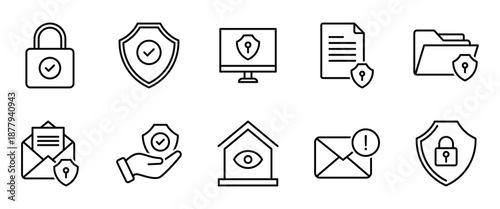 Protection line icons. Minimal line icons representing data protection, privacy safety, secure information, and digital security concepts for modern UI and web design.