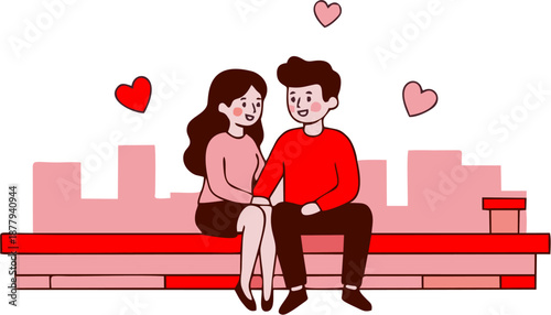 Cartoon-style couple sitting on bench in cityscape with floating hearts, ideal for Valentine’s Day graphics, romantic story visuals, emotional decor, and urban love-themed illustrations.
