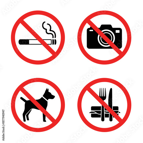 Four Prohibition Signs No Smoking No Photography No Dogs No Food.