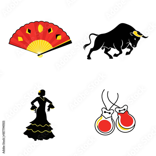 Spanish cultural icons including a fan bull dancer and castanets.