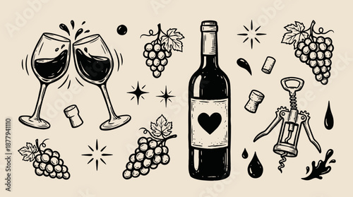 Wine bottle glasses and grapes hand drawn vector illustration