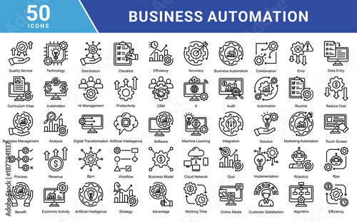 Business automation icon collection set. Containing process, digital transformation, industry 4.0, productivity, technology, business, integration icon. Simple flat  vector illustration.