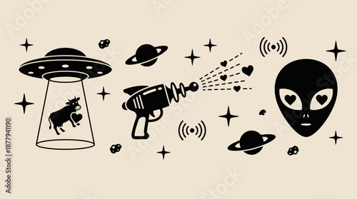 Alien and space themed icons with hearts vector illustration