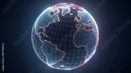 Neon glowing digital earth globe on dark background