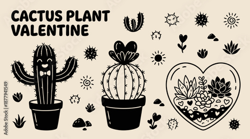Cute cactus and succulent plant valentine vector illustration