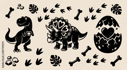 Cute dinosaurs with hearts and prehistoric elements vector illustration