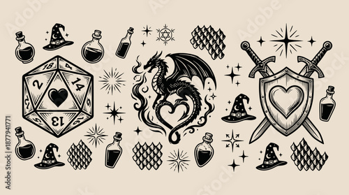 Fantasy roleplaying game icons and adventure elements vector illustration