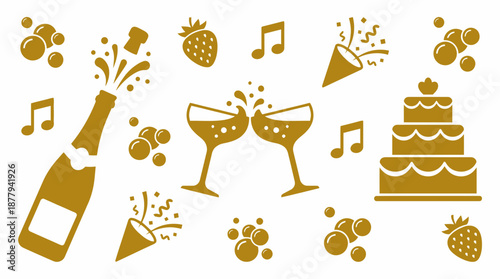 Golden party celebration icons set vector illustration