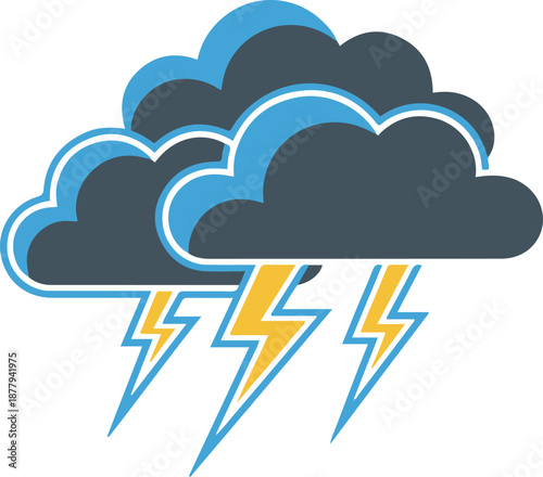 Vector illustration of a flat design thunderstorm icon featuring two overlapping dark clouds with three yellow lightning bolts and blue outline accents.
