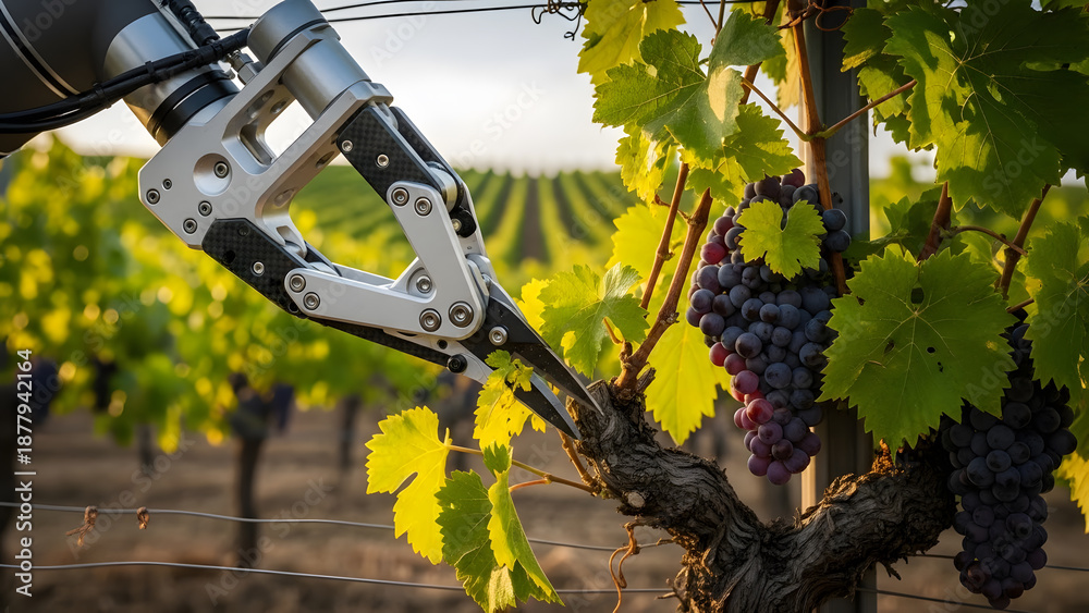 Fototapeta premium Robotic arm harvesting ripe purple grapes in vineyard with precision technology and automation