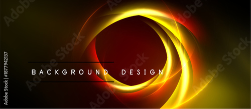 Abstract design features glowing circular layers. Dark background contrasts vibrant orange, yellow hues. Text reads background design.