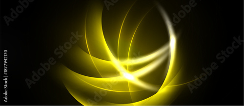 Abstract golden swirls radiate from bright center. Dark background emphasizes luminous curves, creating dynamic visual effect.