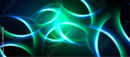 Abstract glowing curves, vibrant teal, green hues dominate dark background. Smooth shapes create dynamic energy, modern aesthetic.