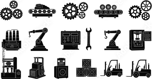 Industrial machinery silhouette icon set, factory equipment, robotic arm, conveyor belt, forklift, vector illustration, black pictogram, automation graphic
