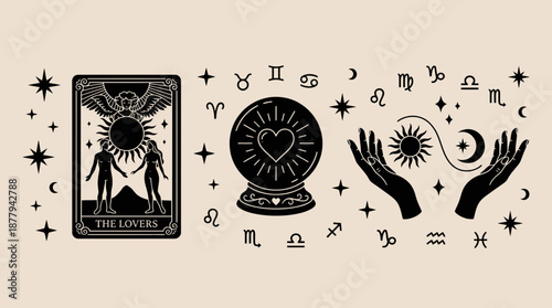 Mystic tarot and astrology symbols esoteric vector illustration