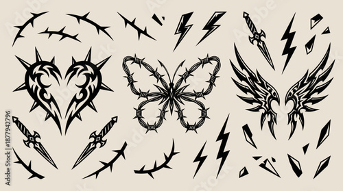 Neo-tribal tattoo flash icons set for streetwear vector illustration