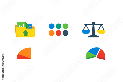 Data and analytics icons: folder, charts, scales, and pie chart
