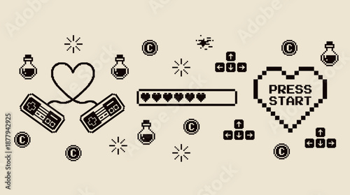 Retro gaming elements and controllers composition vector illustration