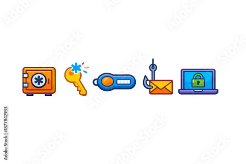 Cybersecurity icons: safe, key, token, phishing, laptop