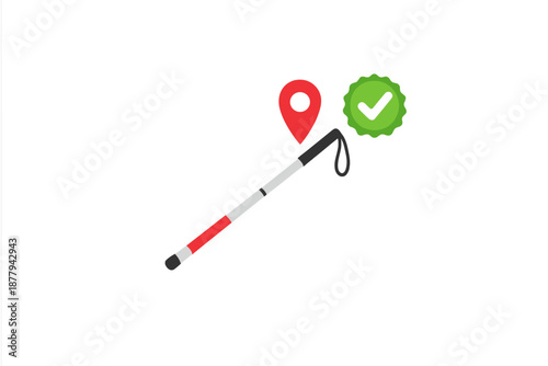 Navigation cane with location pin and checkmark symbols