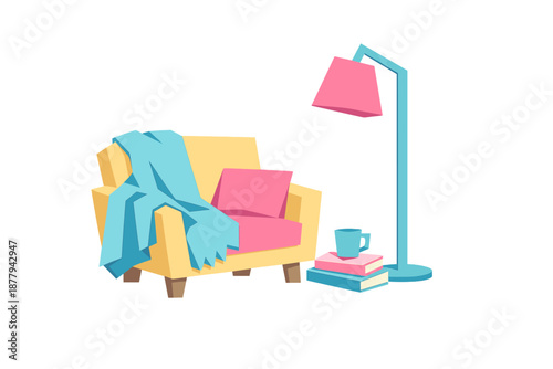 Cozy armchair with a book and mug, illuminated by a floor lamp