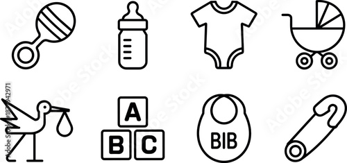 Baby essentials icons set baby clothes nursery items line art illustrations