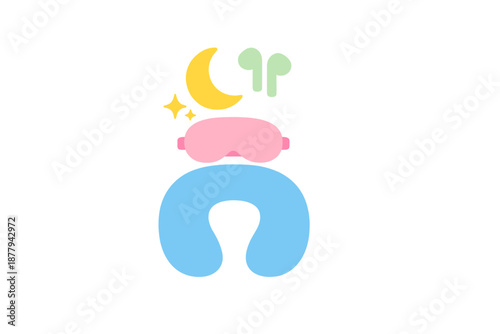 Sleep and travel essentials: moon, stars, sleep mask, neck pillow