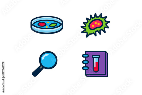 Science icons: petri dish, microbe, magnifying glass, test tube