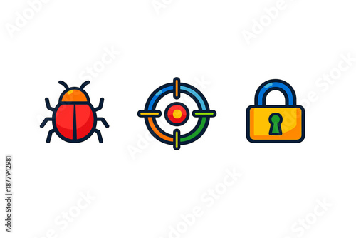 Security icons: bug, target, lock on dark background