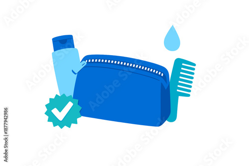 Cosmetic bag with toiletries and accessories in blue tones