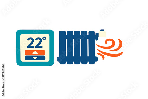 Radiator with thermostat showing 22 degrees and heat waves