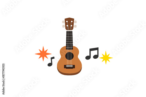 Ukulele with glowing musical notes and stars