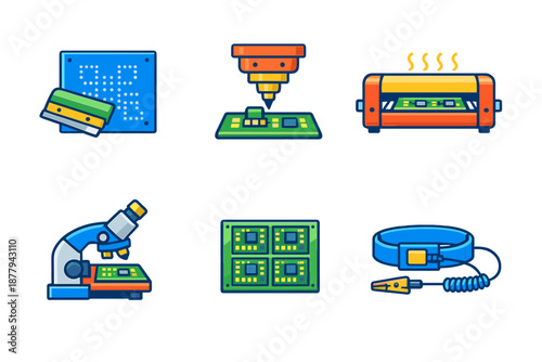 Set of electronic components and tools in flat design