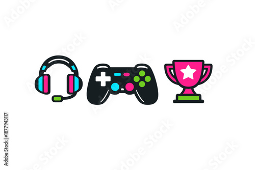 Gaming Icons: Headphones, Controller, and Trophy