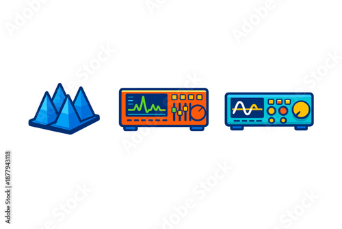 Illustration of scientific instruments and pyramids