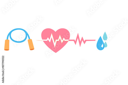 Healthy Lifestyle Icons: Jump Rope, Heartbeat, Water Droplet