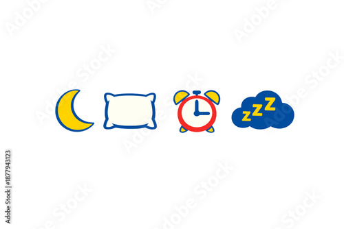 Sleep symbols: Moon, pillow, alarm clock, and Zzz cloud