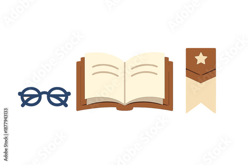 Iconic symbols: glasses, open book, and bookmark with star