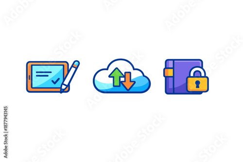 Digital Security and Cloud Service Icons with Glowing Effect