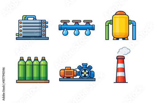 Industrial Icons Set: Equipment, Water Systems, and Chimney
