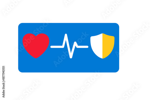 Heart and Shield Icons with Heartbeat Line on Blue Background